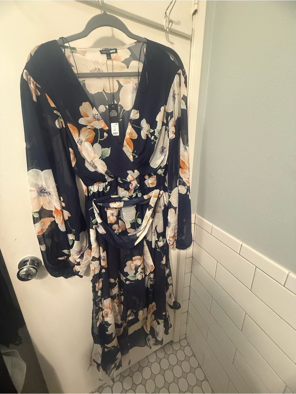 Floral Wrap Midi Dress in Navy and Cream